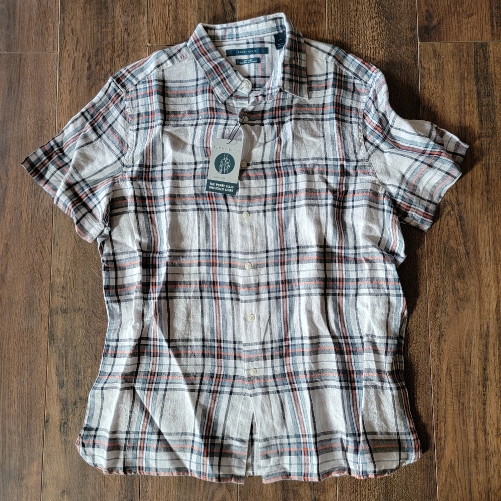 NWT Perry Ellis Men's 100% Linen Casual Plaid Button Up Shirt